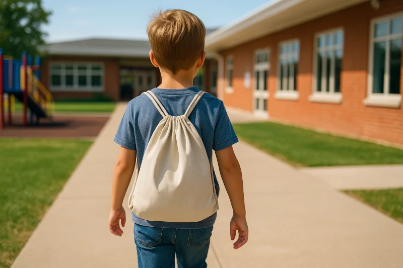 A young boy walking on a school campus wearing a simple drawstring backpack, as used in the Guide to Drawstring Backpacks article