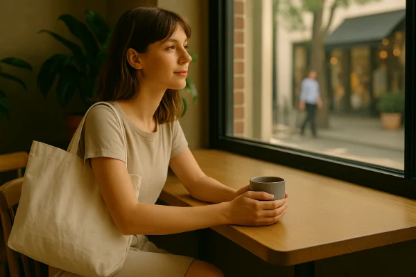 A calm coffee break that gently connects to today’s exploration of different reusable bag materials.