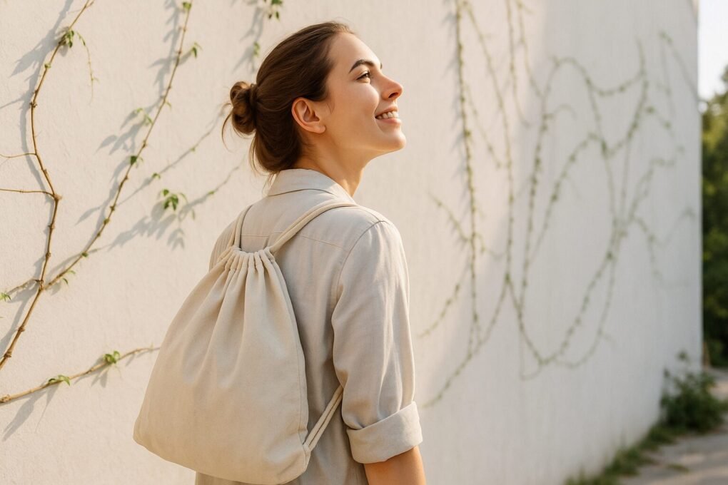 A person outdoors wearing a light-colored drawstring bag with soft fabric and a simple gathered top, shown against a sunlit wall with climbing vines, subtly illustrating the bag style for a Drawstring Bag vs Backpack comparison.