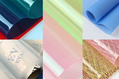 various types of EVA material for bags including translucent, colored, printed, and textured styles
