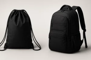A side-by-side comparison of a drawstring bag and a backpack, showing the difference between a lightweight cinch design and a structured multi-compartment backpack.