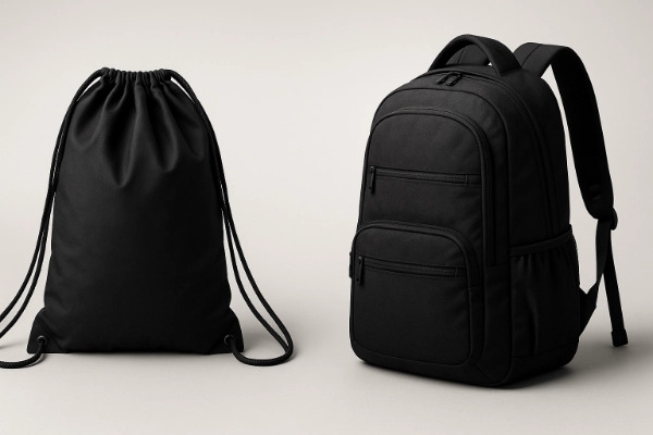 A side-by-side comparison of a drawstring bag and a backpack, showing the difference between a lightweight cinch design and a structured multi-compartment backpack.
