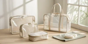A set of clear bags in various sizes neatly displayed on a table in natural light to illustrate choosing the right size clear bags.