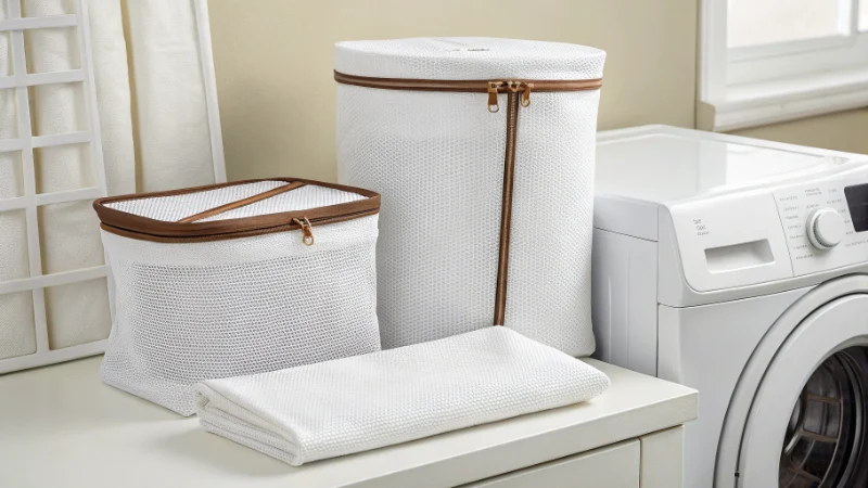 Several white mesh laundry bags of different sizes with brown zippers are neatly arranged on a laundry room countertop beside a front-loading washing machine, with folded mesh fabric placed in front, illustrating their role in a complete guide to mesh laundry bags.