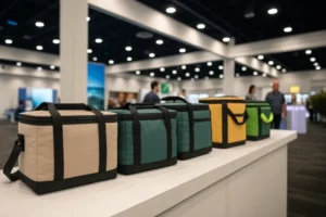 Several insulated bags in different colors are lined up on a counter in a brightly lit exhibition hall, showing a variety of insulated and thermal bag styles.
