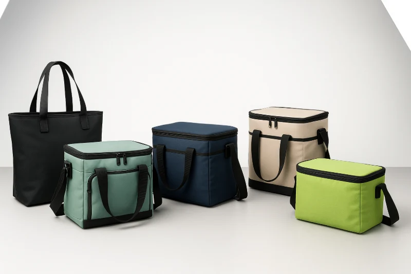 A group of insulated bags in different colors and shapes is arranged on a clean studio surface, showing various styles used for insulated and thermal bag purposes.