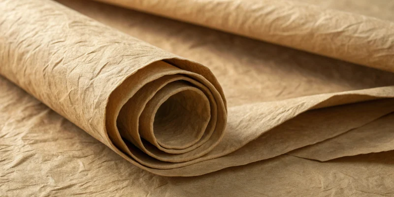 A flat sheet of brown washable kraft paper spread on a wooden table beside rolled paper and natural twine.