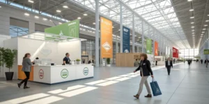 A spacious trade exhibition hall with multiple display booths and attendees walking through, representing a professional environment related to non-woven bags and material selection.