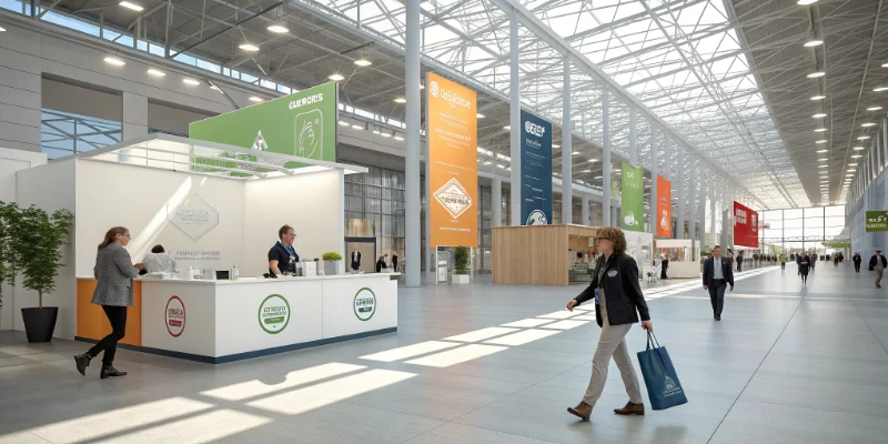 A spacious trade exhibition hall with multiple display booths and attendees walking through, representing a professional environment related to non-woven bags and material selection.