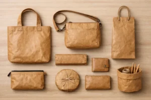 A flat lay of various washable kraft products including bags, wallets, pouches, and storage items arranged on a wooden surface.
