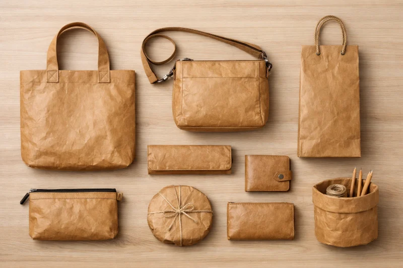A flat lay of various washable kraft products including bags, wallets, pouches, and storage items arranged on a wooden surface.