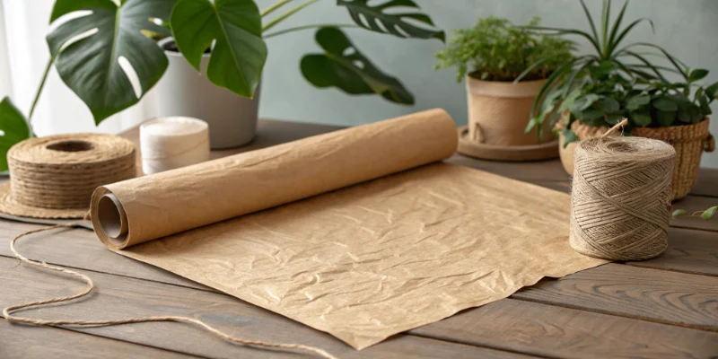 A flat sheet of brown washable kraft paper laid on a wooden table with rolled paper and natural twine, relevant to what are the main types of washable kraft paper.