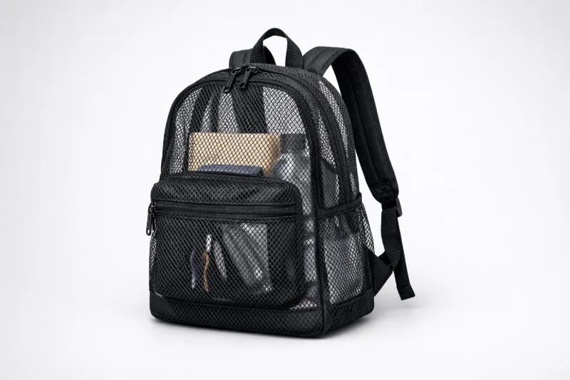 A black mesh backpack is displayed against a plain background with items visible inside, illustrating Mesh Backpacks vs. Fabric Backpacks.