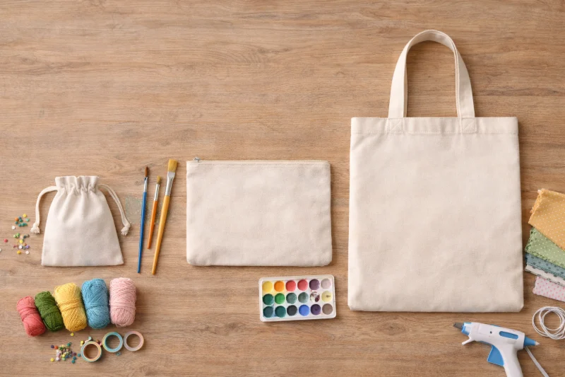 A blank tote bag and matching small pouch placed on a wooden surface with craft tools, representing blank tote and pouch set for DIY projects.
