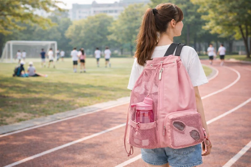 A person wearing a pink mesh backpack with visible items while standing beside a running track near a sports field, illustrating a clear backpack vs mesh backpack comparison.