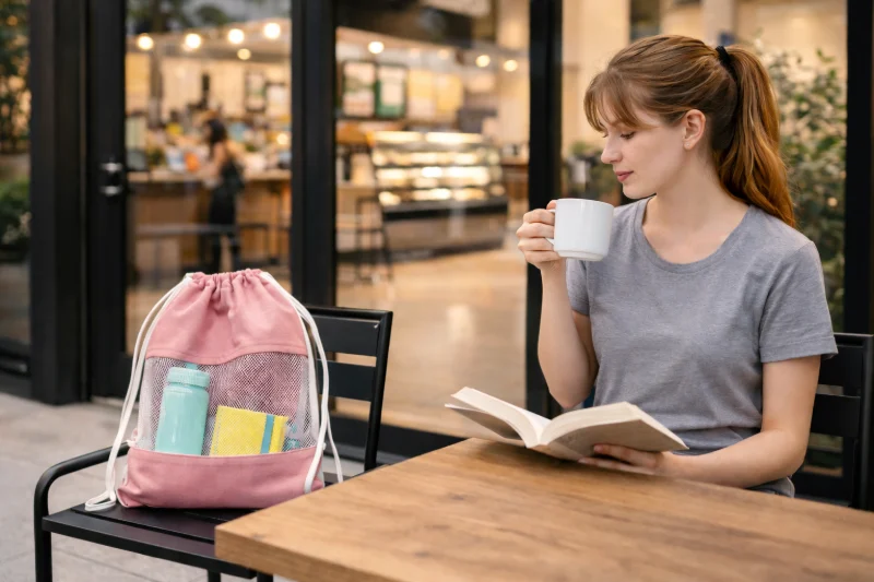 A clear mesh backpack placed on a table in a cafe with a person seated nearby using a laptop.