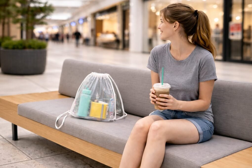 A person sitting on a bench inside a shopping mall with a transparent drawstring backpack placed beside them, showing visible everyday items for a clear backpack vs mesh backpack comparison.