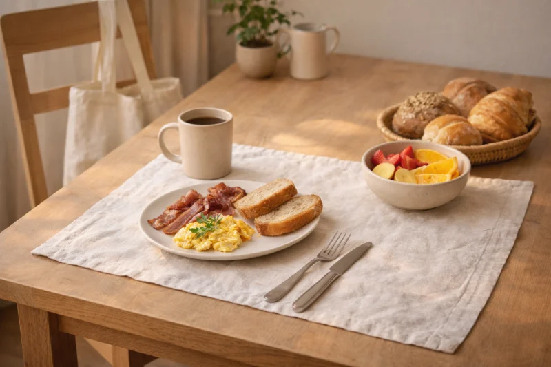 A cotton fabric eco bag hanging on a chair beside a wooden dining table set for breakfast, supporting what is cotton fabric explained for eco bag buyers.