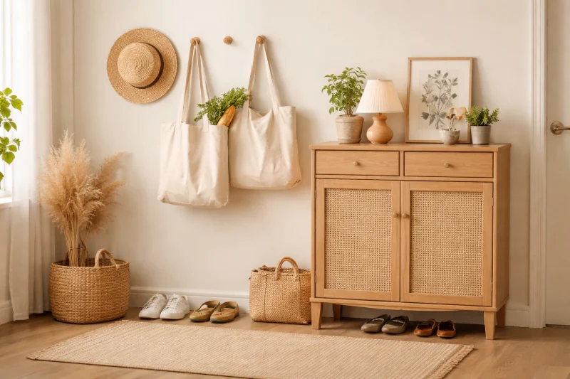 Neutral-toned cotton fabric eco bags hanging on wall hooks in a tidy home entryway, illustrating what is cotton fabric explained for eco bag buyers.