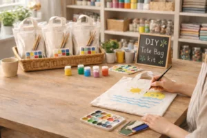 A blank fabric tote bag being hand-painted at a craft table with paints and tools, suitable for Custom Blank Bags for Craft Kits: Workshop Packaging & Branding Guide.