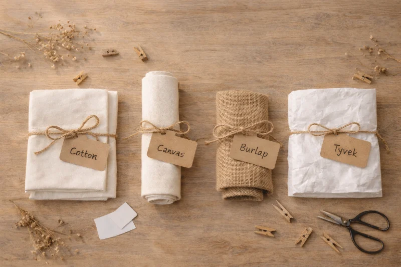 Neatly arranged rolls and folds of different fabric materials on a wooden surface, relevant to Custom Blank Bags for Craft Kits: Workshop Packaging & Branding Guide.