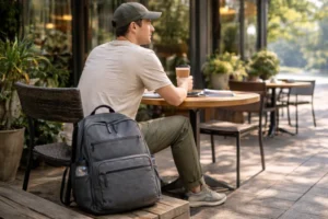 A fabric backpack rests against a bench next to a person sitting at an outdoor café table, illustrating everyday backpack use for Mesh Backpacks vs. Fabric Backpacks.