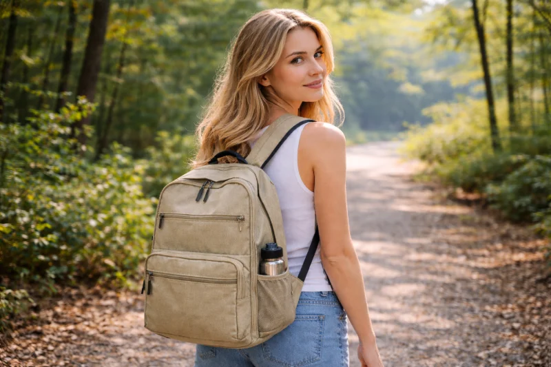 A person wears a light-colored fabric backpack while walking along a wooded trail, representing outdoor use in Mesh Backpacks vs. Fabric Backpacks.