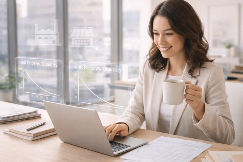 A person working on a laptop with financial data visuals while holding a cup, reflecting Hidden Costs Really Mean in Custom Bag Manufacturing.