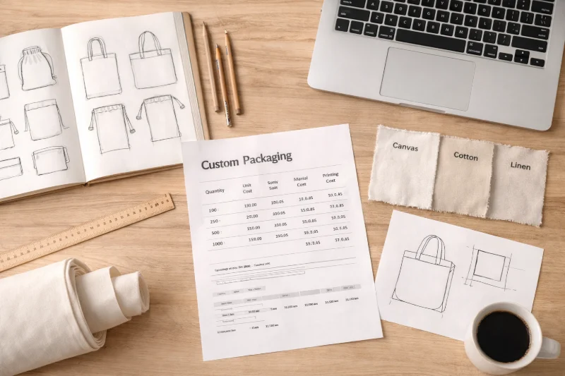 Bag design sketches, fabric samples, and cost documents arranged on a desk, representing Hidden Costs Really Mean in Custom Bag Manufacturing.