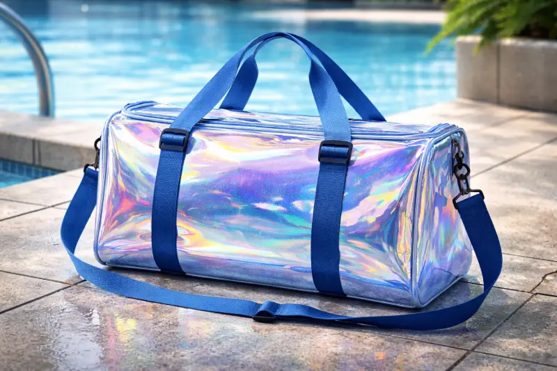 Iridescent gym bag style with shoulder strap by a swimming pool