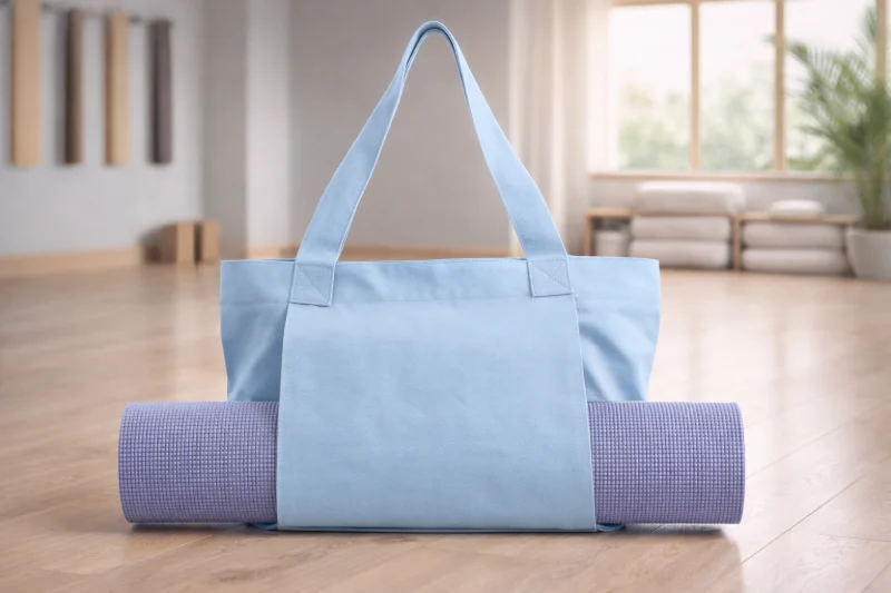 Light blue gym bag style with yoga mat holder in studio setting