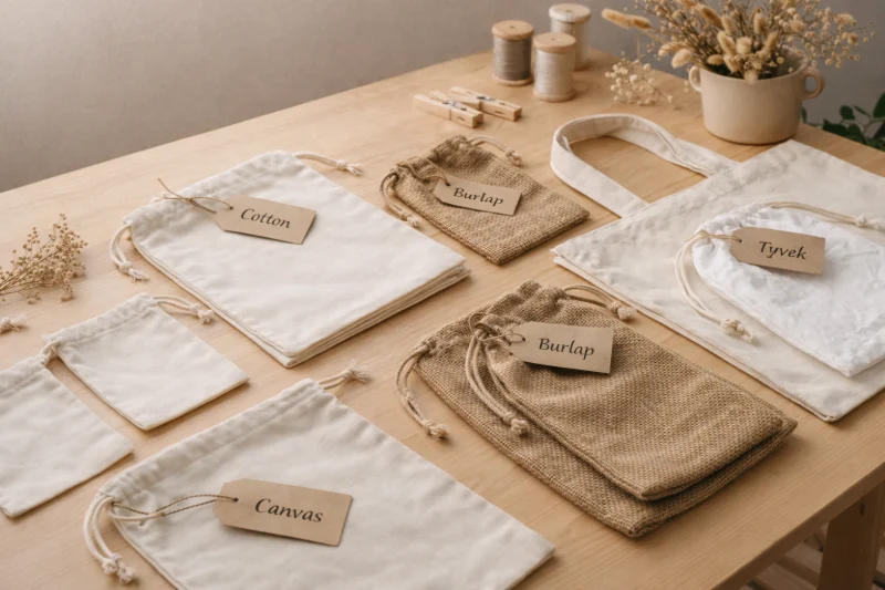 A tabletop display of blank drawstring bags and tote bags made from different natural-looking materials, relevant to Custom Blank Bags for Craft Kits: Workshop Packaging & Branding Guide.