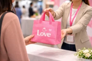 A pink reusable shopping bag is being handed across a counter during a trade show interaction, illustrating how low MOQ is changing the way buyers plan their orders.