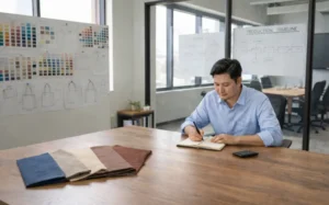 A person taking notes at a table with fabric swatches while planning custom reusable bags that fit a brand and budget.