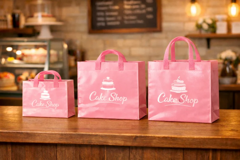 Three pink reusable takeaway bags in small, medium, and large sizes are arranged on a wooden counter in a bakery setting.