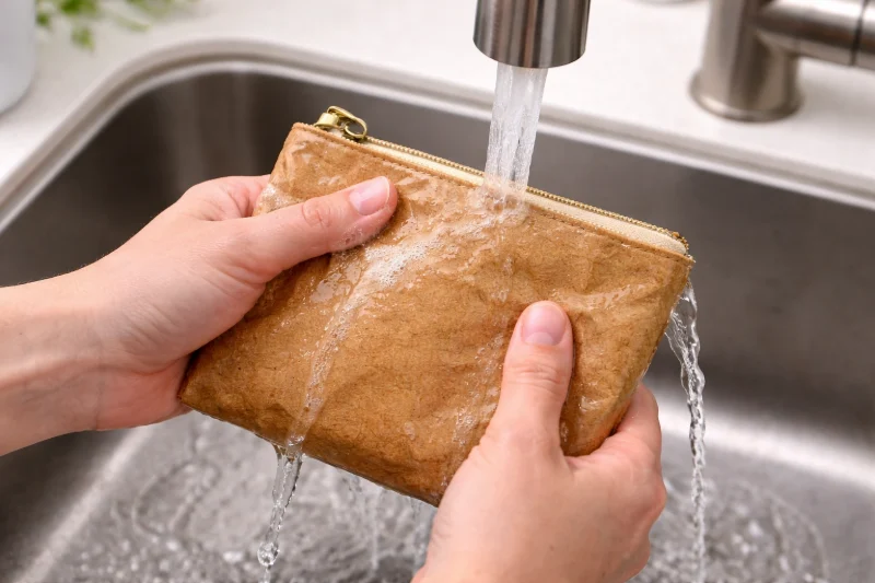 Hands rinse a washable kraft paper zipper pouch under running water in a kitchen sink during cleaning.
