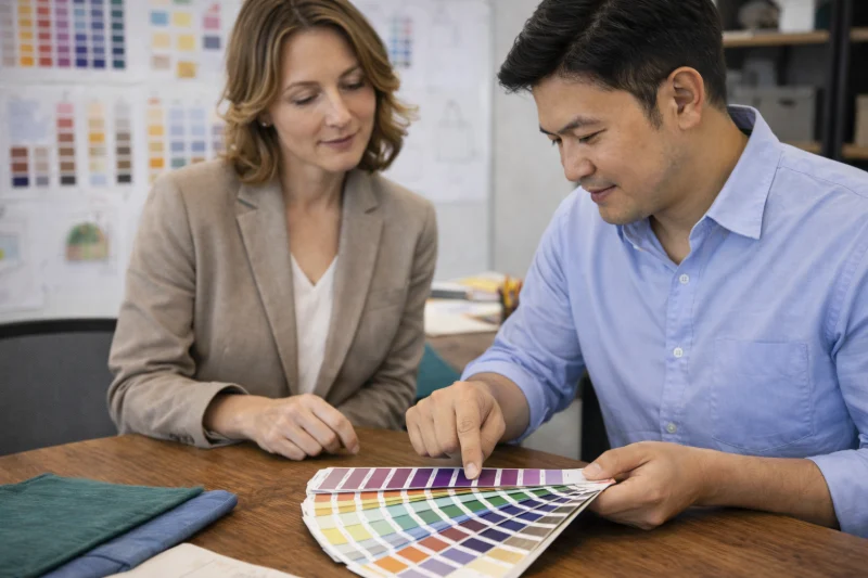 Two people reviewing a color swatch fan on a table while discussing design options for reusable bags.