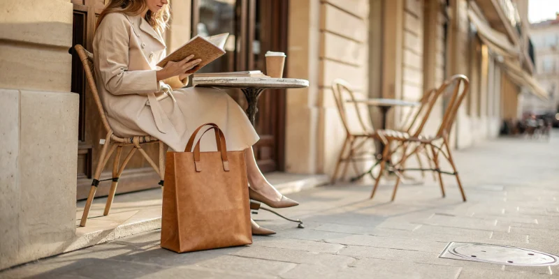 A structured tote-style bag placed on the ground beside a person reading at an outdoor café table, illustrating context for washable kraft paper vs kraft paper for bags.