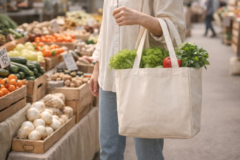 A person holding a canvas tote bag filled with groceries at a market, visually supporting Hidden Costs Really Mean in Custom Bag Manufacturing.