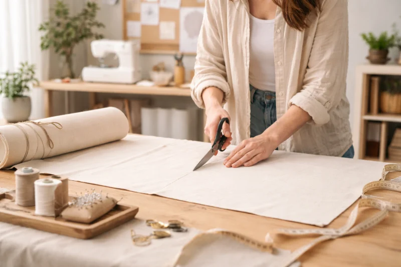 Hands cutting a piece of canvas fabric on a worktable with sewing tools, illustrating What Is Canvas Fabric? Explained for Eco Bag Buyers.