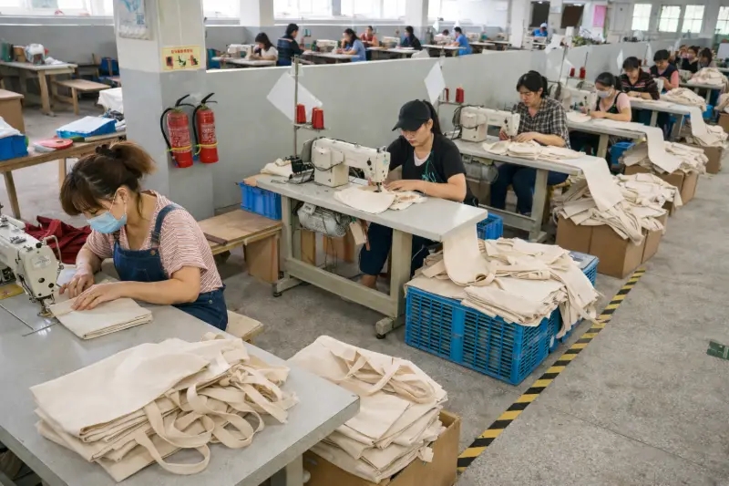 Workers sew fabric bags at individual machines in a factory setting, showing why Low MOQ became the new normal in modern manufacturing.