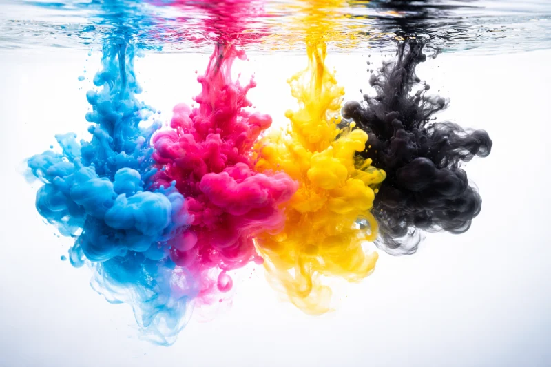 Blue, pink, yellow, and black ink disperse in water against a white background, illustrating printing concepts for Frequently Asked Questions About Ordering Custom Bags.