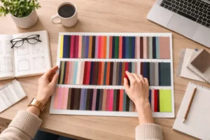Hands reviewing a fabric swatch book with multiple color and material samples on a desk, illustrating how to choose the right thickness for polyester fabric bags.