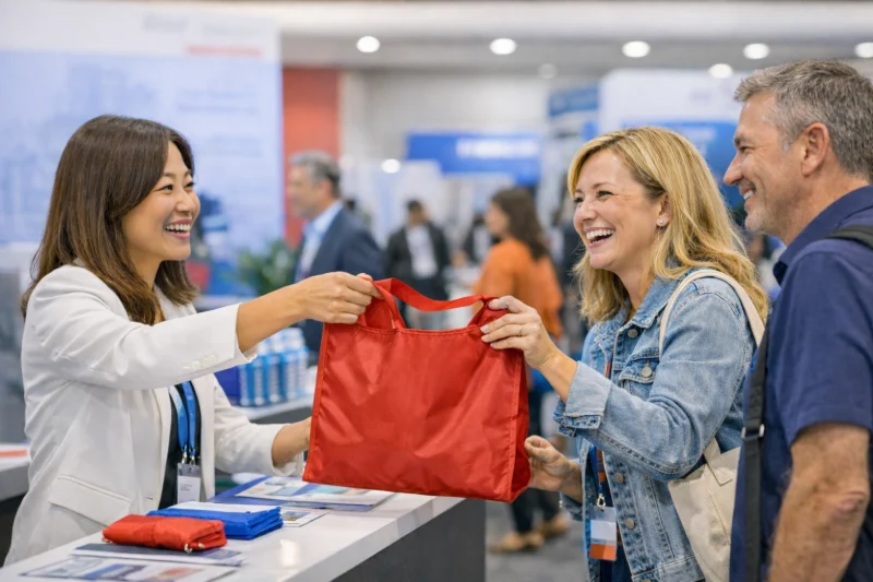 A woman hands a red foldable tote bag to visitors at a trade show booth, illustrating why do brands prefer foldable bags for events and promotions.