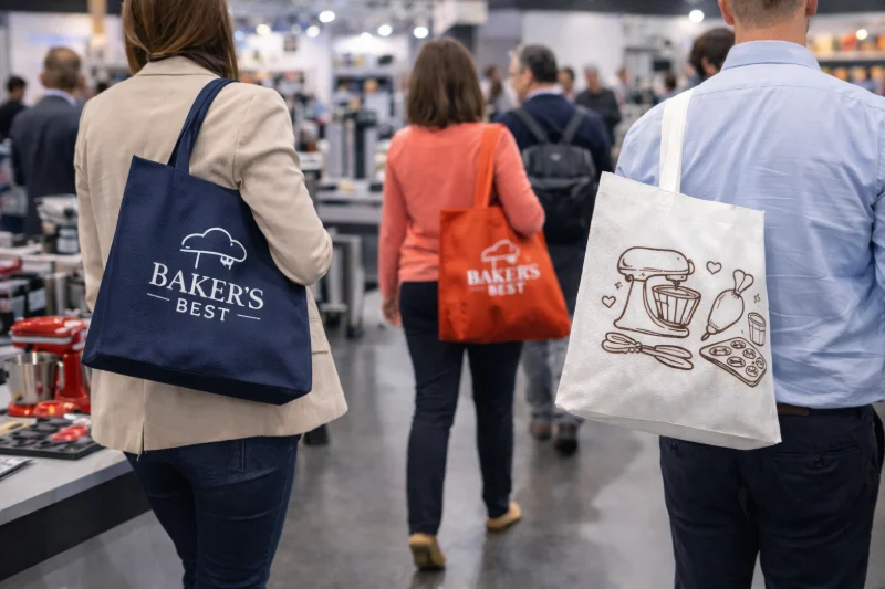 Several attendees walk through a trade show hall carrying custom non-woven exhibition bags with printed baking-themed graphics, demonstrating how to plan custom non-woven exhibition bags for your brand.