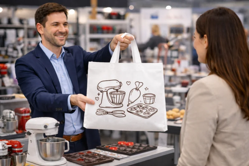 A man at an exhibition booth holds up a custom non-woven exhibition bag with baking-themed illustrations while speaking to a visitor, illustrating how to plan custom non-woven exhibition bags for your brand at events.