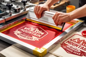 Hands using a squeegee to apply red ink through a screen printing frame, demonstrating how to print on Tyvek material.