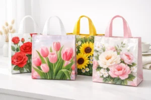 Four laminated bags with floral prints, including roses, tulips, sunflowers, and peonies, are displayed on a white surface in a Laminated Bags Explained: Structure, Materials, and Performance Overview setting.