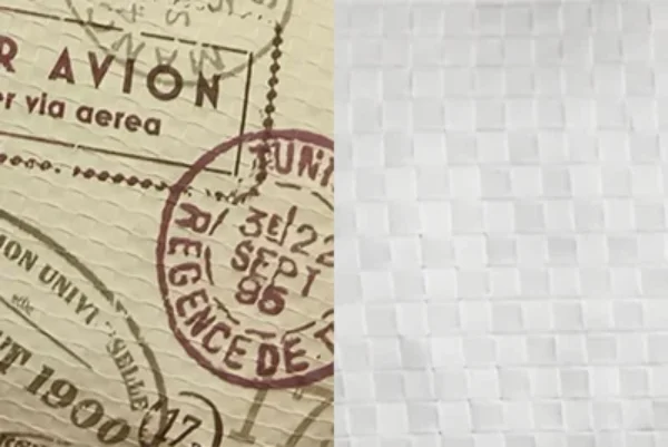 Side-by-side comparison of PP woven fabric showing a printed laminated surface on the left and an uncoated woven texture on the right.