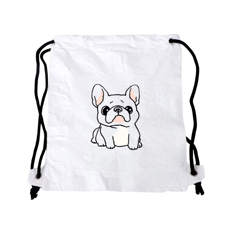 White Tyvek double-cord backpack drawstring bag with black cords and a cartoon bulldog illustration on the front.